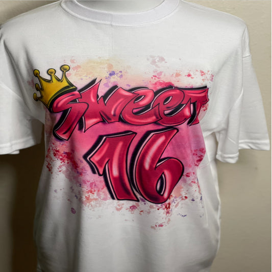 short sleeve sublimation airbrush sweet 16 shirt